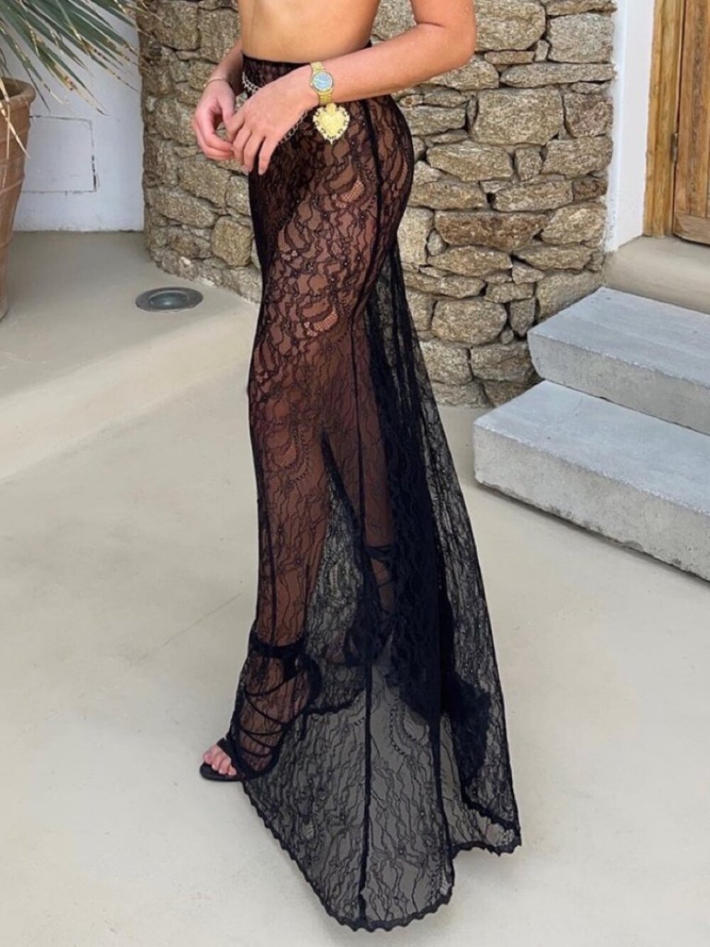 ๐A BOMBSHELL!๐The Dolls House Francesca Black Lace Maxi Skirt w/ Chain & Belt - Picture 8 of 16